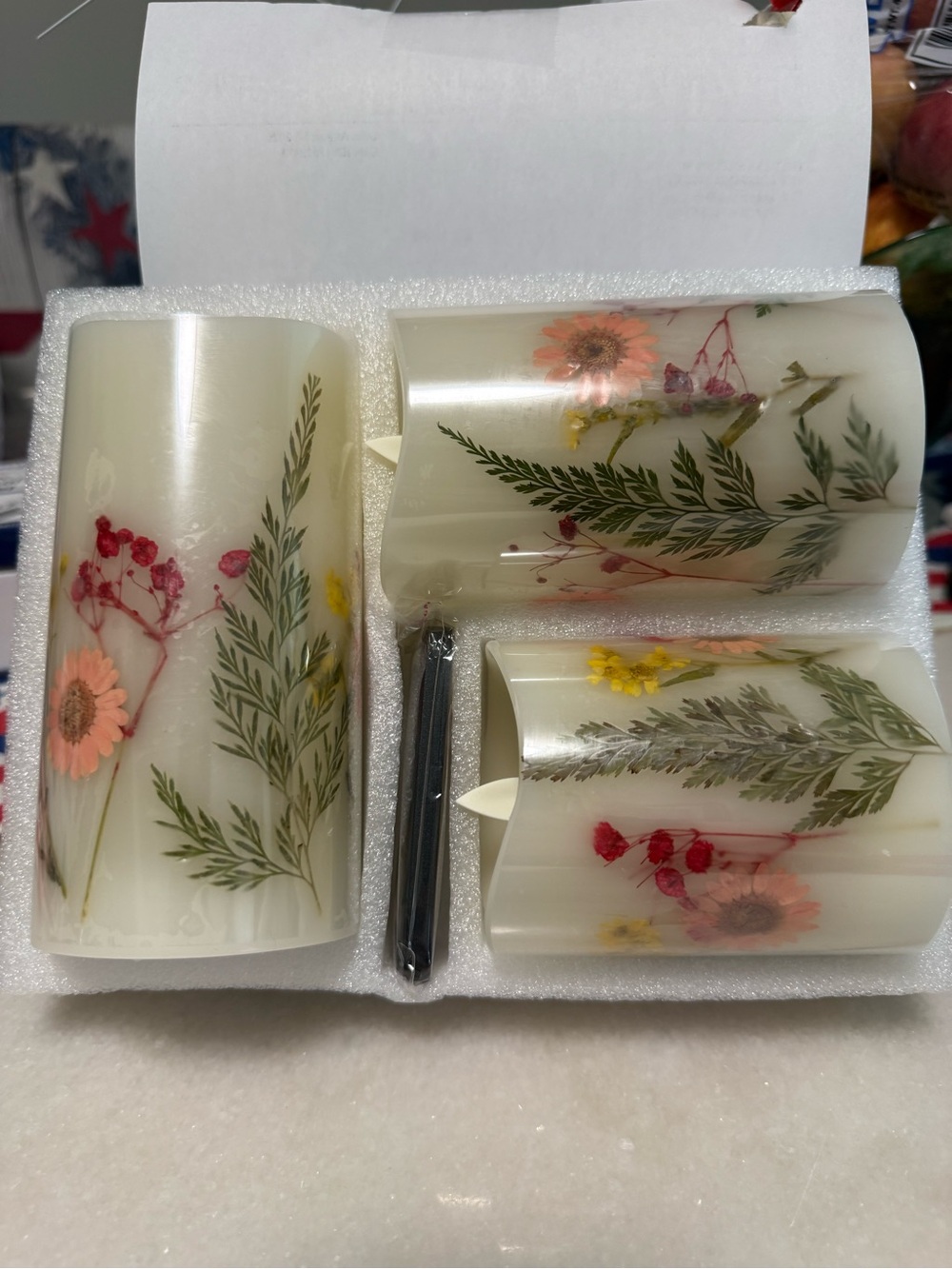Botanical Floral LED Pillar Candle Set - Cream with Pink & Green